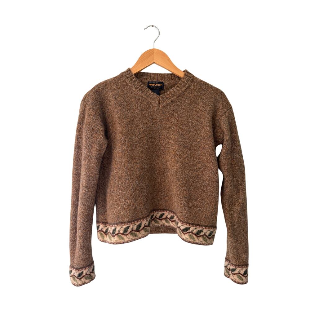 Vintage Woolrich Women's S 100% Wool V-Neck Sweater Made in Japan Floral Trim